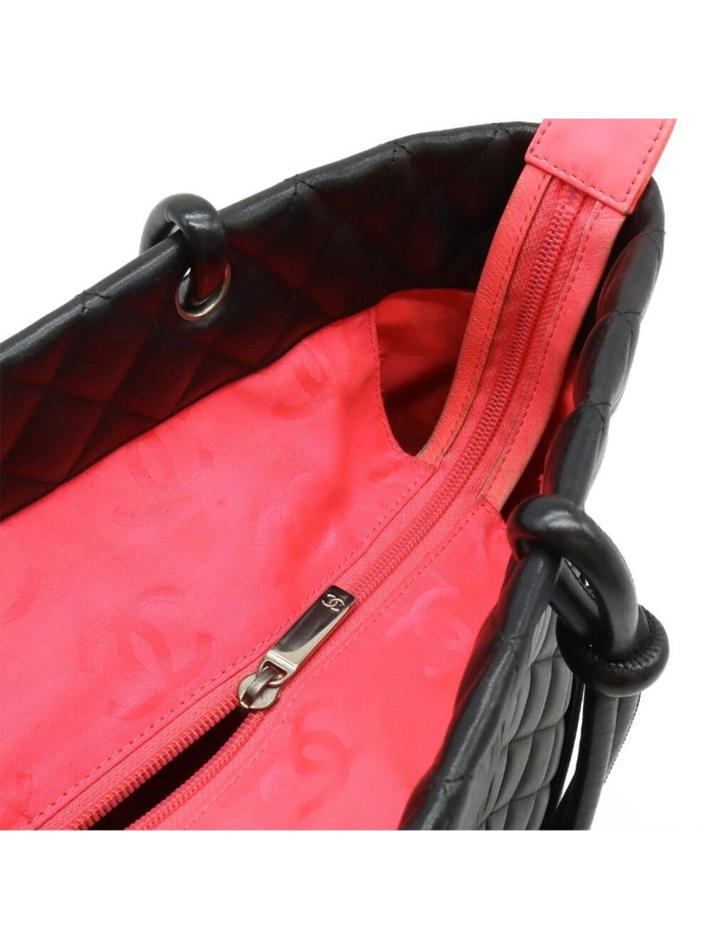 Chanel Cambon Line CC Logo Large Tote Shoulder Bag Soft Calf Black Pink Silver - Picture 6 of 9
